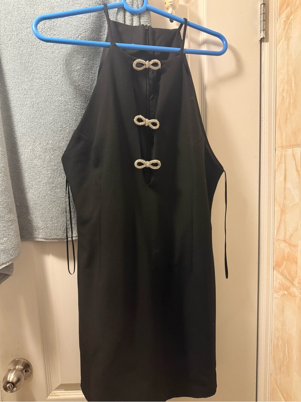 Zara Black Halter Mini Dress with Gold Knot Accents Zara